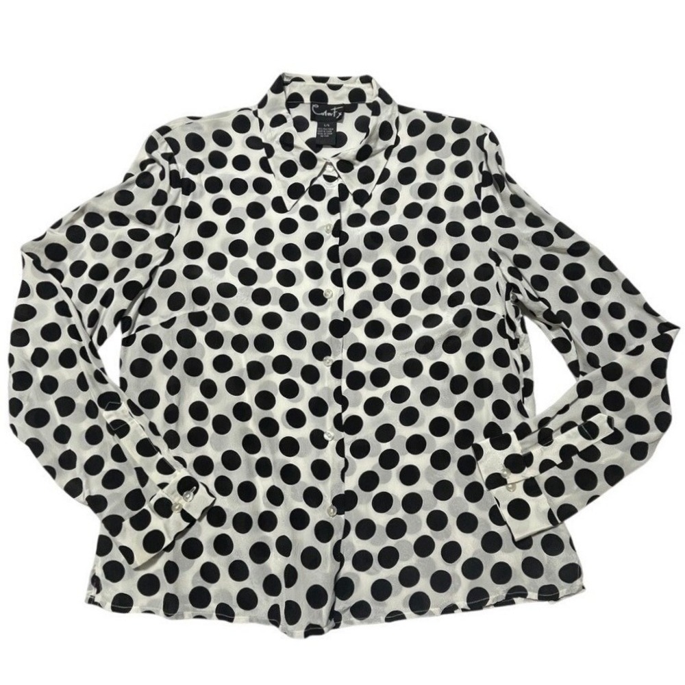 100% Silk Polka Dot Blouse L Black Ivory Semi Sheer Button Front Retro